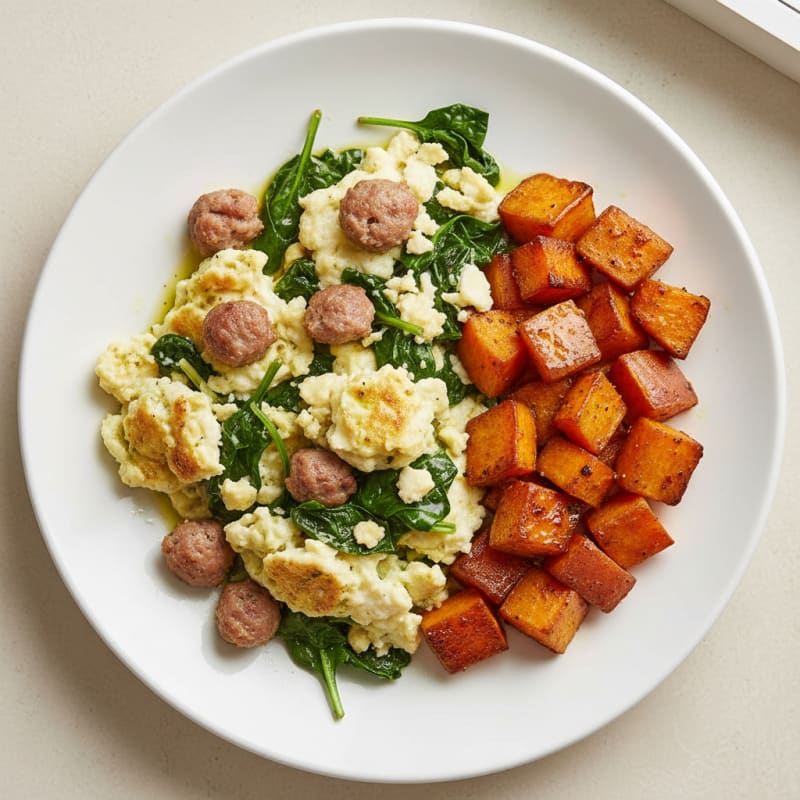 Egg White and Turkey Sausage Scramble with Spinach and Roasted Sweet Potato