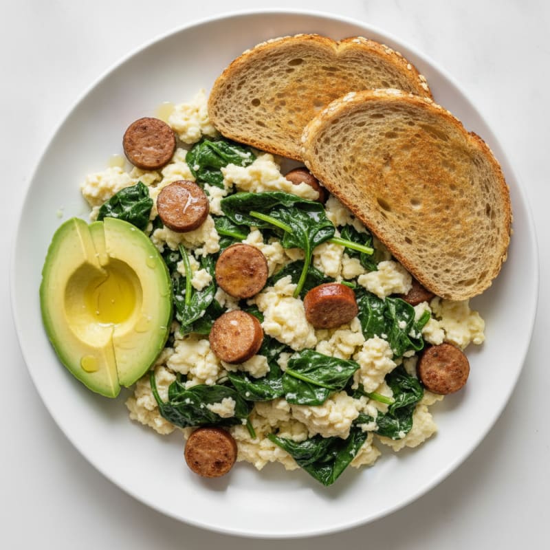 Egg White Scramble with Turkey Sausage and Sautéed Spinach