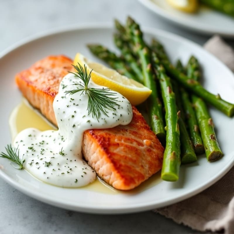 Pan-Seared Salmon with Creamy Lemon-Dill Sauce and Roasted Asparagus