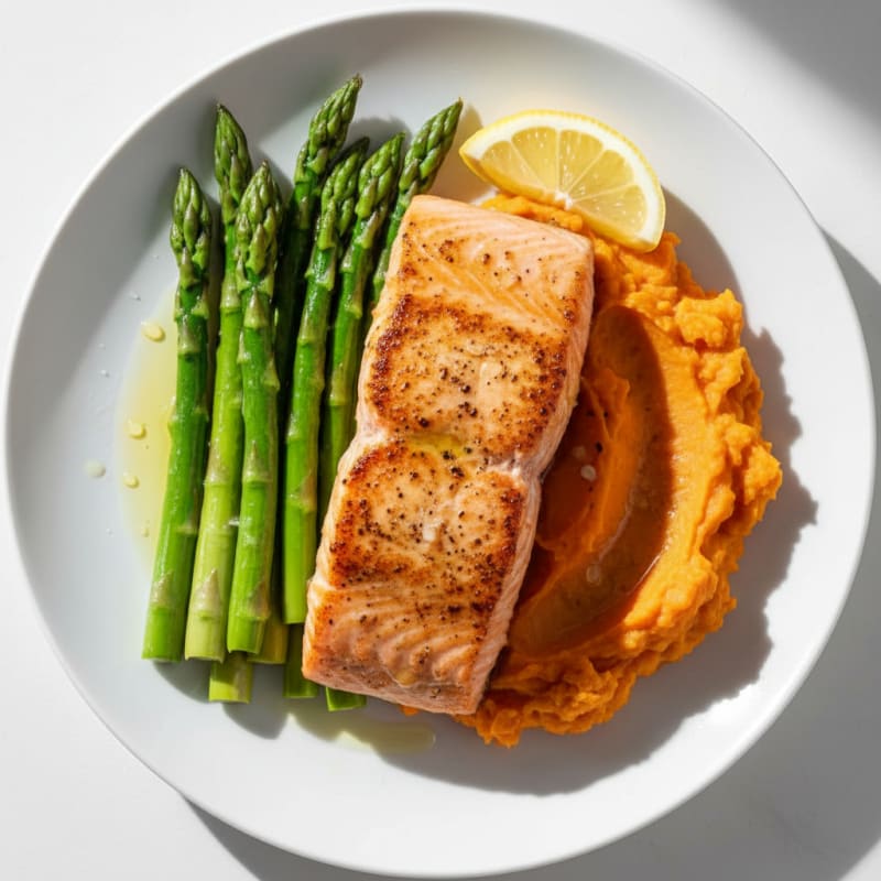 Seared Salmon with Steamed Asparagus and Mashed Sweet Potato