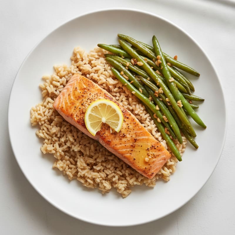 Seared Salmon Fillet with Garlic Green Beans and Brown Rice