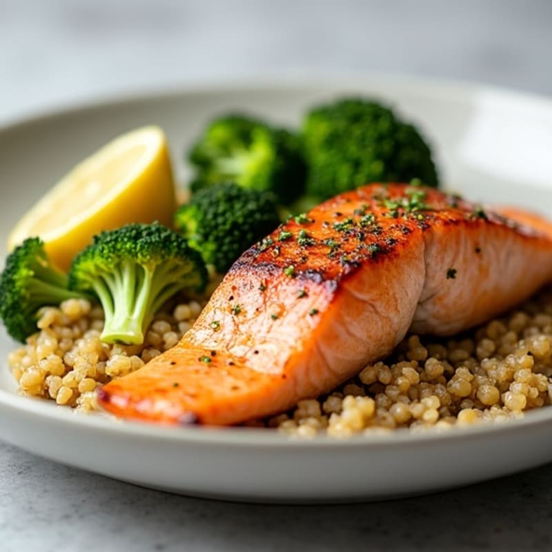 Seared Salmon with Steamed Broccoli and Quinoa
