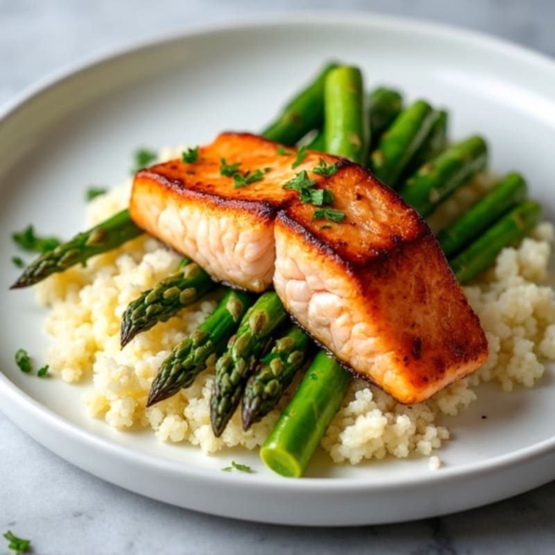 Seared Salmon with Steamed Asparagus and Cauliflower Rice