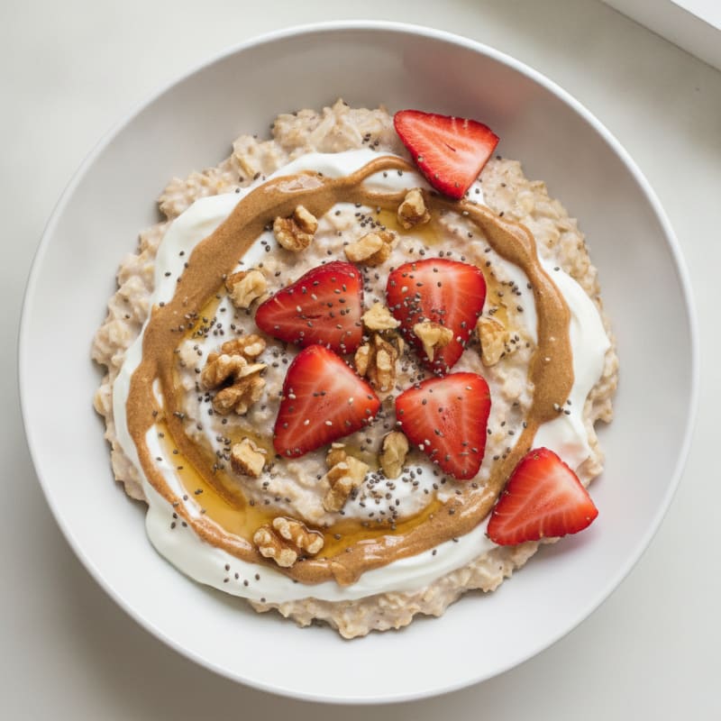 Creamy Oats with Greek Yogurt, Chia Seeds, and Sliced Strawberries