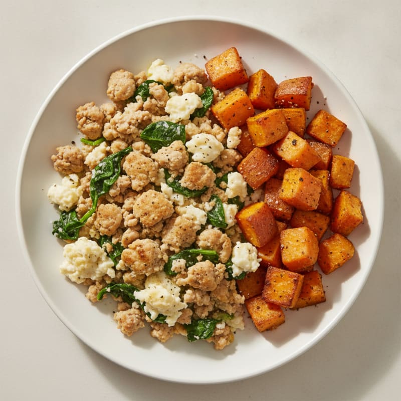 Turkey Spinach Egg White Scramble with Roasted Sweet Potatoes