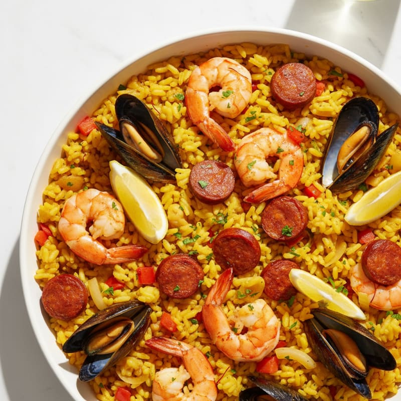 Saffron Seafood Paella with Chorizo