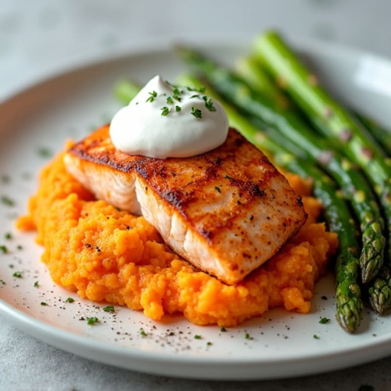 Seared Salmon with Roasted Asparagus and Sweet Potato Mash