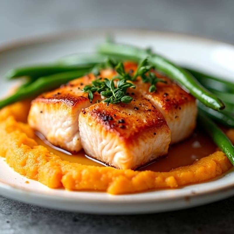 Pan-Seared Salmon with Garlic Green Beans and Sweet Potato Mash