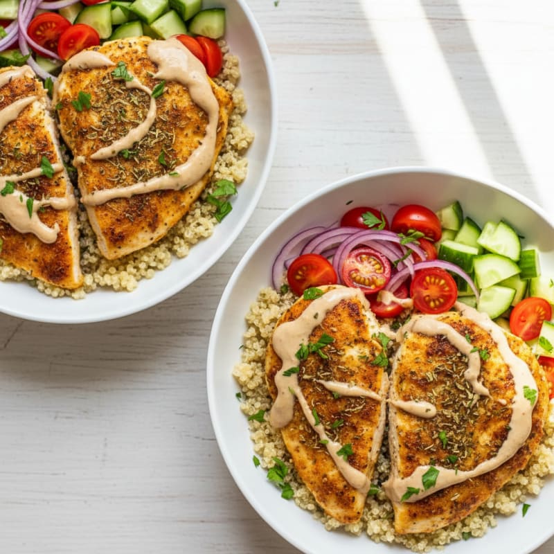 Crispy Lemon-Herb Chicken Shawarma Bowls