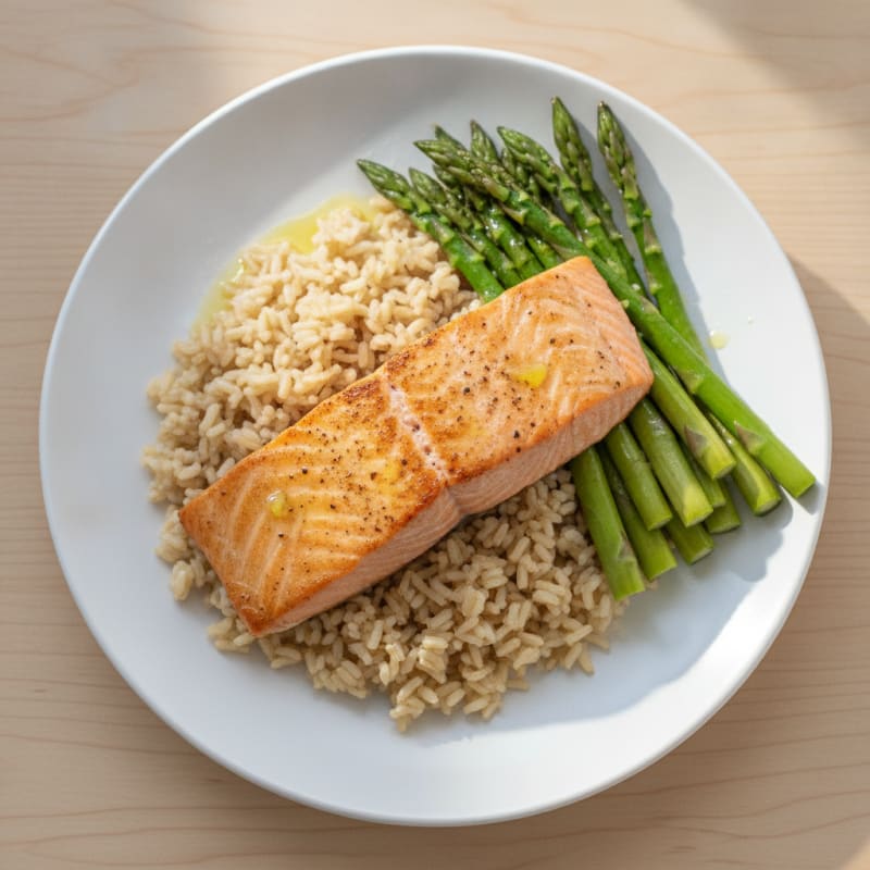 Seared Salmon Fillet with Steamed Asparagus and Brown Rice
