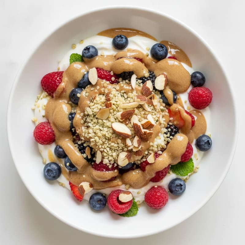Greek Yogurt Protein Parfait with Mixed Berries and Almond Butter