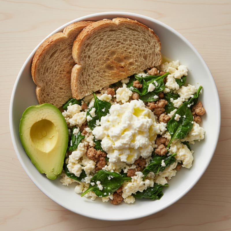 Egg White and Turkey Spinach Scramble with Cottage Cheese