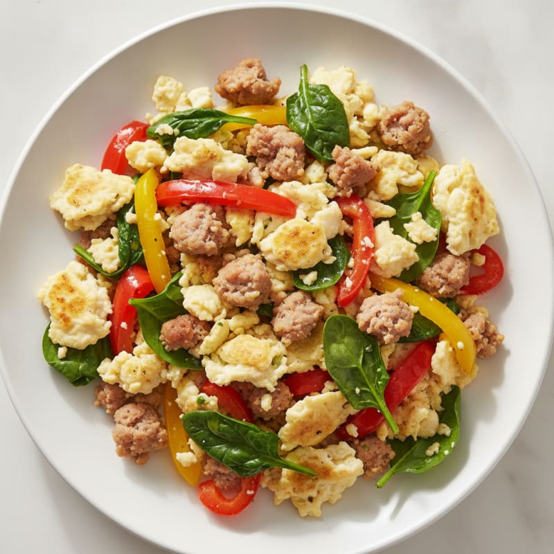 Egg White and Turkey Sausage Scramble with Spinach and Bell Peppers