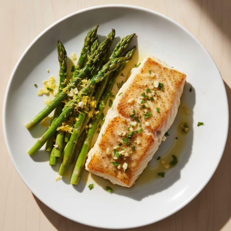 Seared Cod Fillet with Roasted Asparagus and Lemon Zest