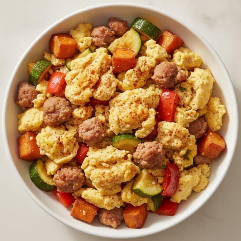 Egg and Turkey Sausage Scramble with Roasted Vegetables