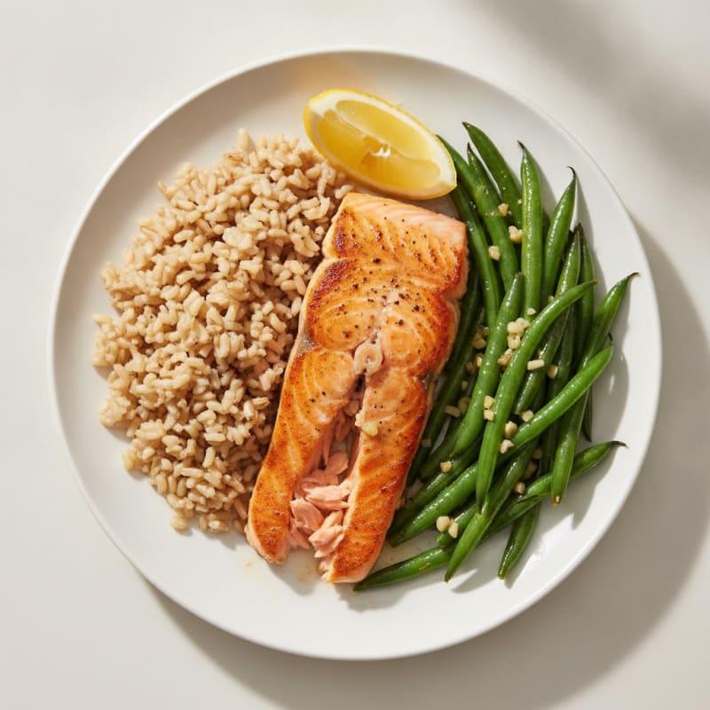 Seared Salmon with Garlic Green Beans and Brown Rice