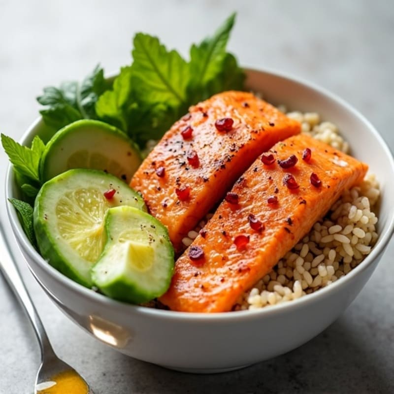 Spicy Salmon Rice Bowl with Fresh Avocado and Crunchy Cucumbers