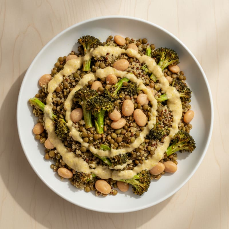Lentil Quinoa Power Bowl with Roasted Broccoli and Tahini Drizzle