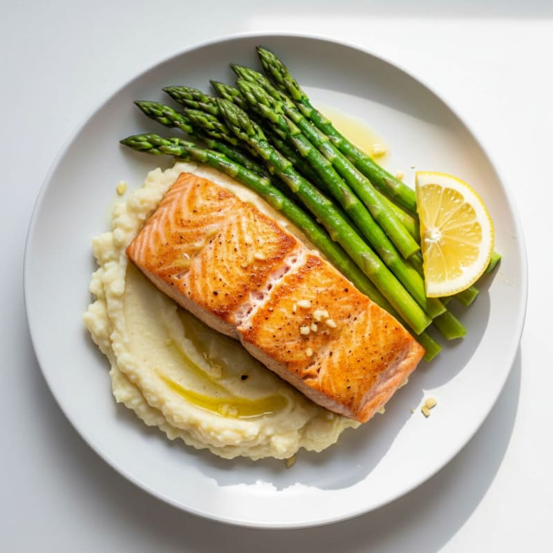 Seared Salmon with Steamed Asparagus and Garlic Mashed Cauliflower