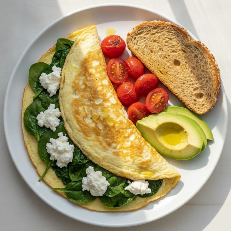 Egg White Spinach Omelette with Cottage Cheese and Cherry Tomatoes