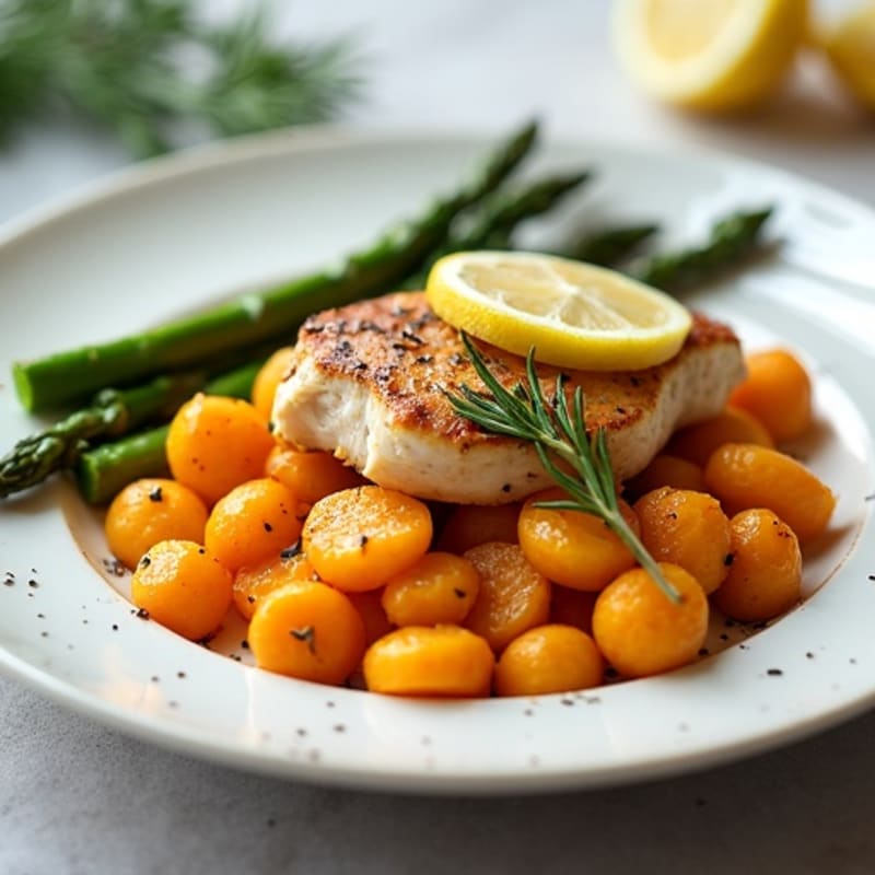 Sweet Potato Gnocchi with Pan-Seared Lemon-Herb Chicken and Roasted Asparagus