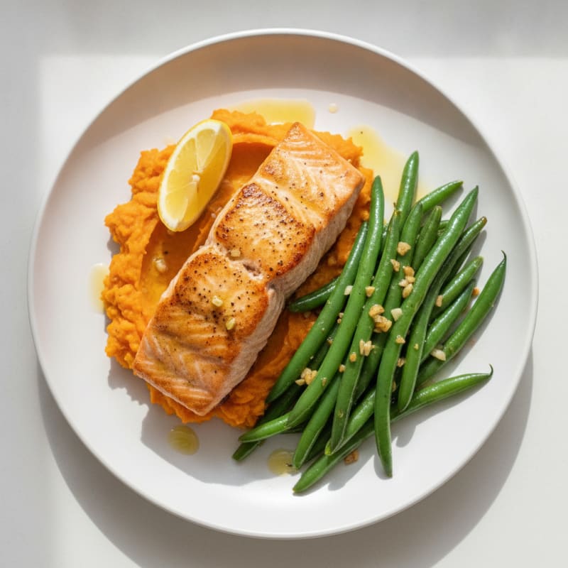 Seared Salmon with Garlic Green Beans and Mashed Sweet Potato