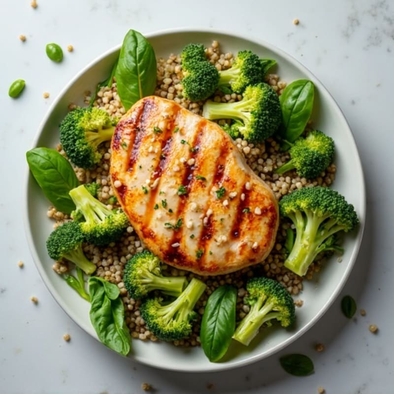 Grilled Chicken Breast Salad with Quinoa and Roasted Broccoli