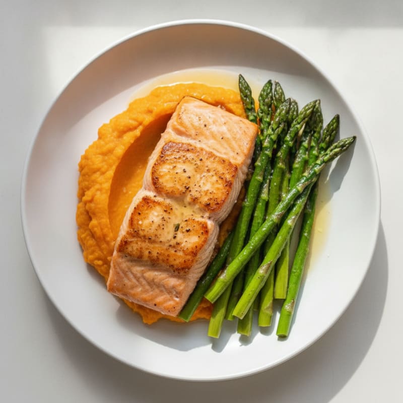 Seared Salmon Fillet with Roasted Asparagus and Sweet Potato Mash