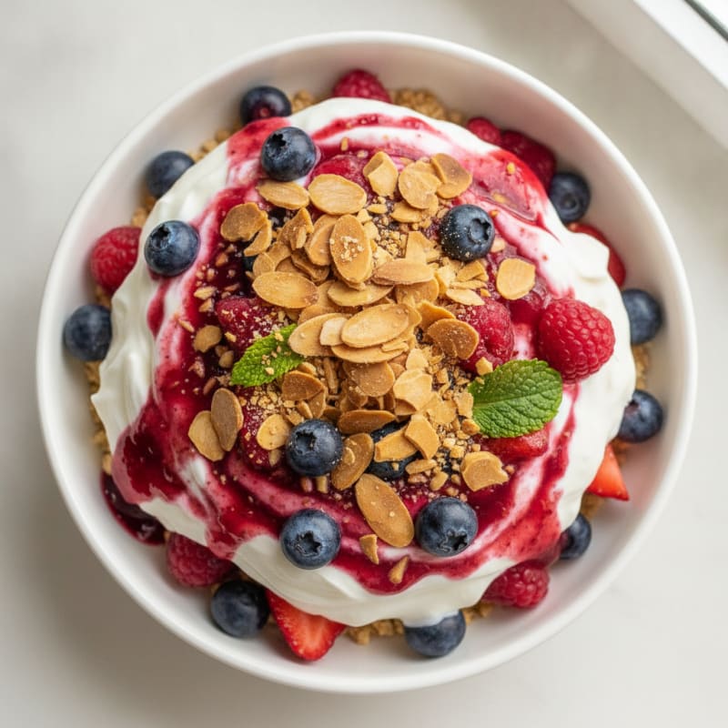 Greek Yogurt Protein Parfait with Mixed Berries and Almonds