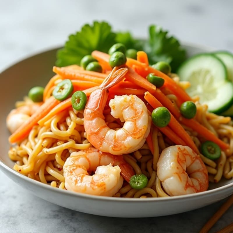 Tender Shrimp with Savory Peanut Noodles and Crisp Vegetables