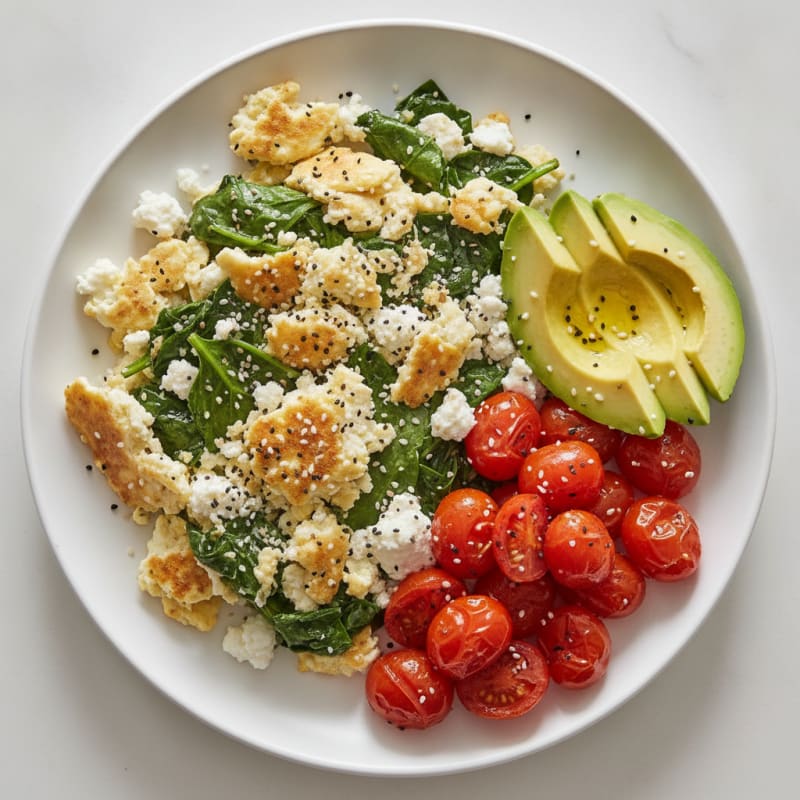 Egg White and Spinach Scramble with Cottage Cheese and Cherry Tomatoes