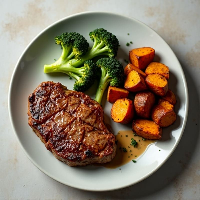 Pan-Seared Steak with Crispy Roasted Broccoli and Sweet Potatoes