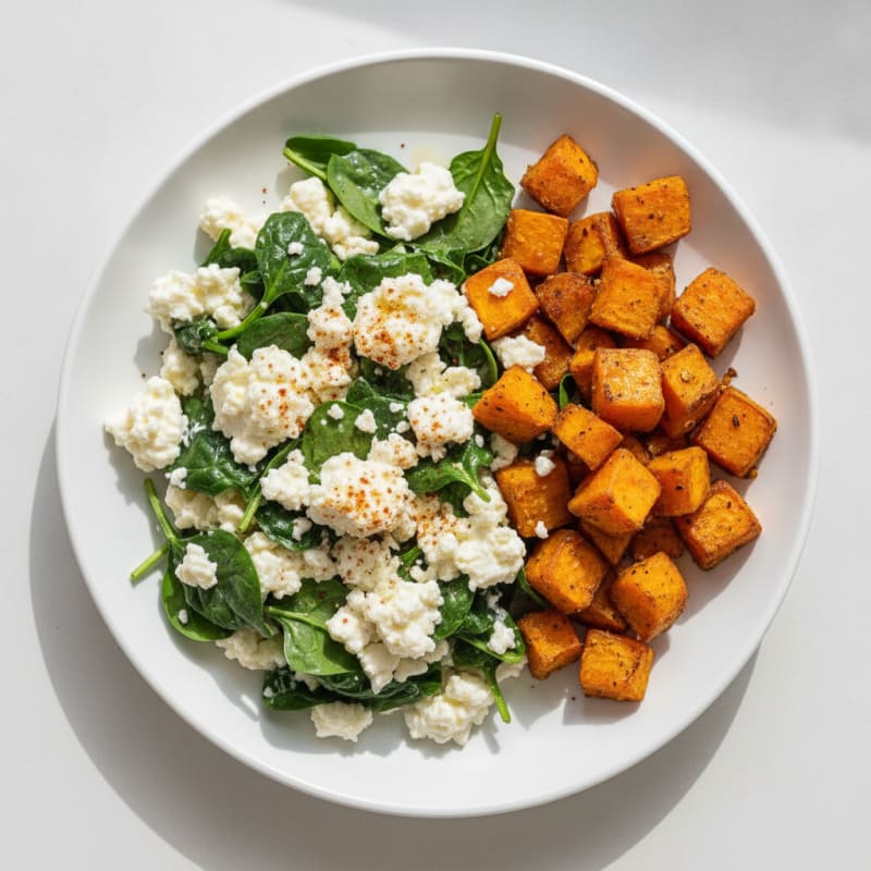 Egg White and Spinach Scramble with Cottage Cheese and Roasted Sweet Potato
