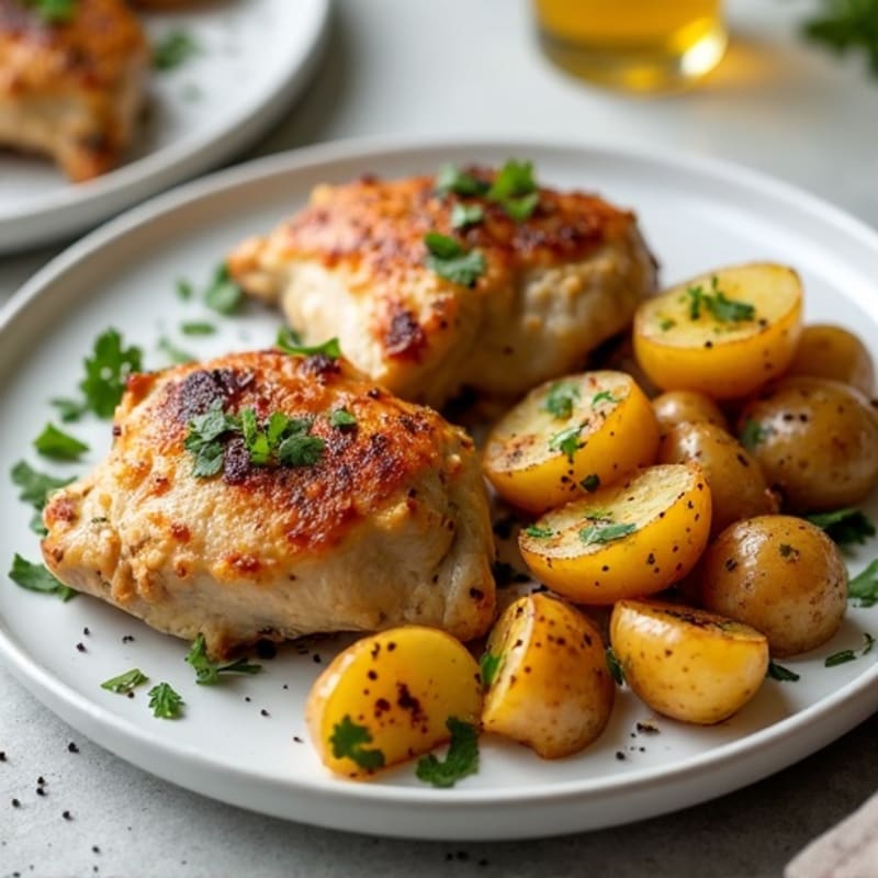 Herb-Roasted Chicken Thighs with Crispy Garlic Smashed Potatoes