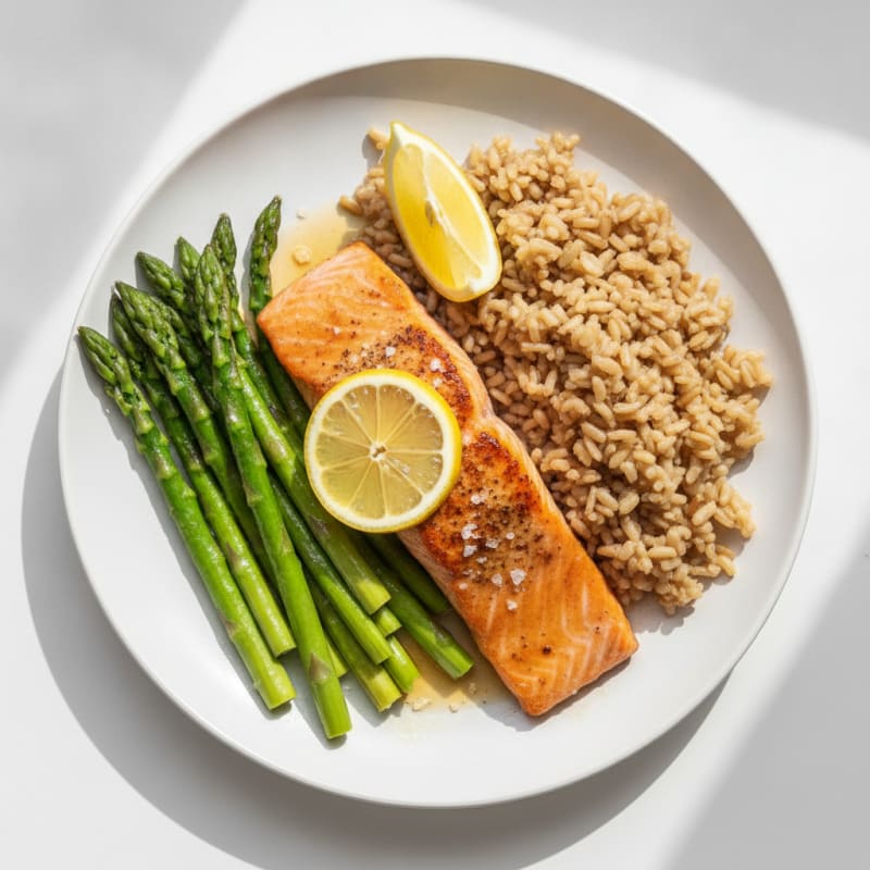 Seared Salmon Fillet with Steamed Asparagus and Brown Rice