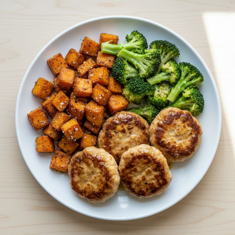 Seared Turkey Patties with Roasted Sweet Potato and Steamed Broccoli