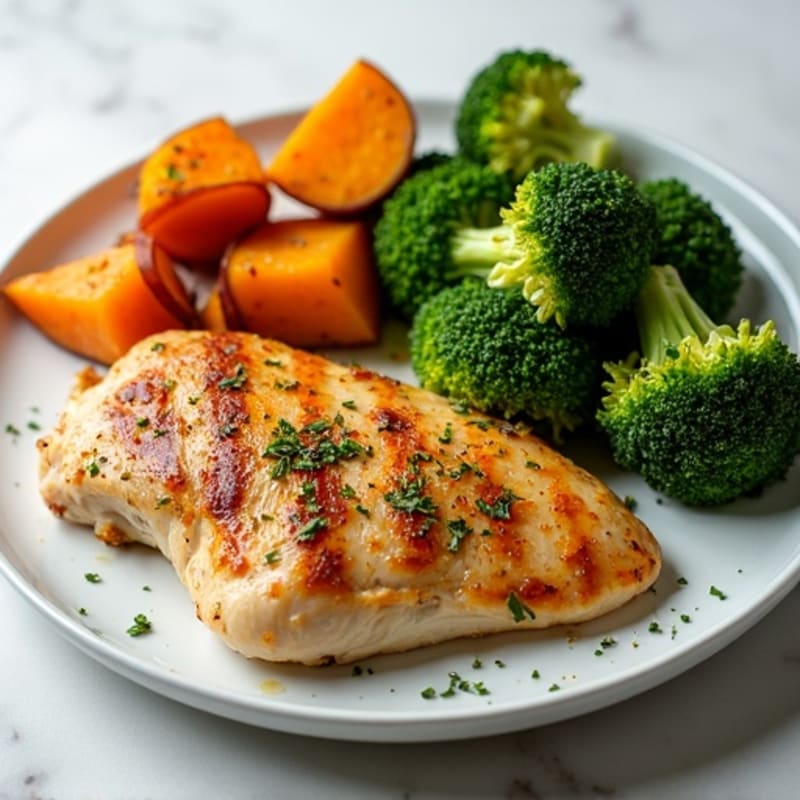 Herb-Roasted Chicken with Crispy Broccoli and Sweet Potatoes