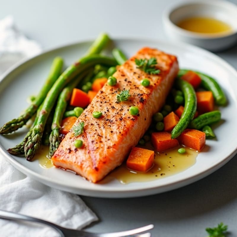 Seared Salmon with Roasted Sweet Potatoes and Asparagus
