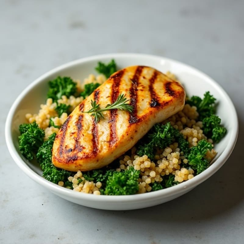 Grilled Chicken Breast over Crunchy Kale and Quinoa Salad