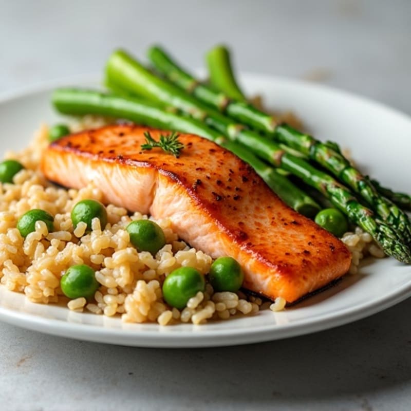 Seared Salmon with Steamed Asparagus and Brown Rice