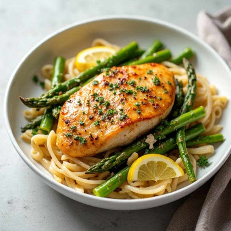 Lemon Herb Olive Oil Pasta with Roasted Chicken and Crispy Asparagus