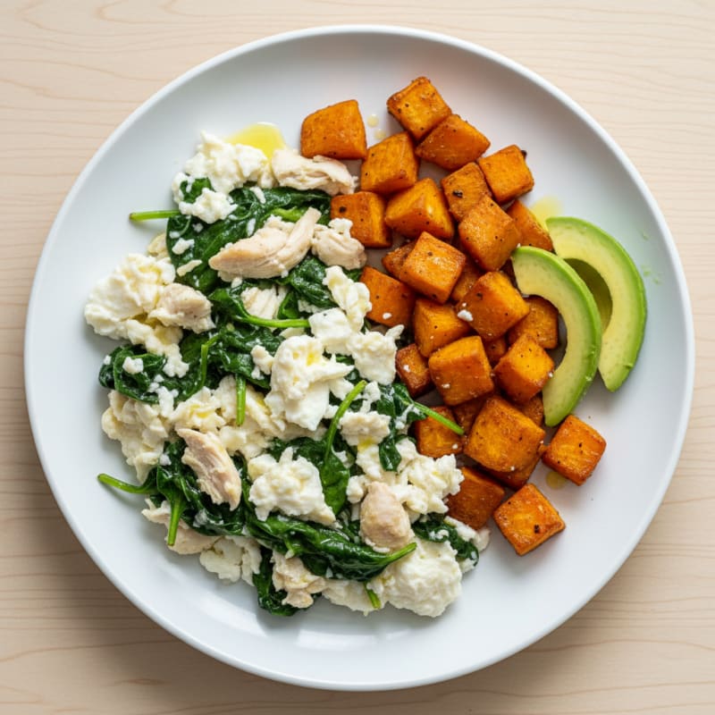 Chicken Egg White Scramble with Spinach and Roasted Sweet Potato