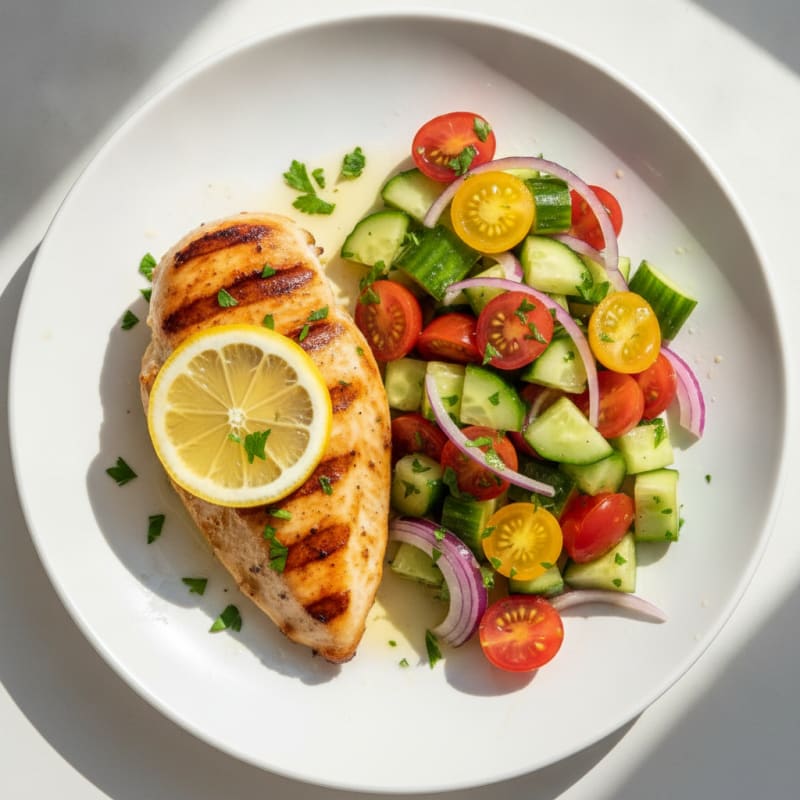Grilled Chicken Breast with Cucumber Tomato Salad
