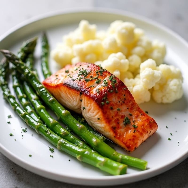 Seared Salmon with Steamed Asparagus and Mashed Cauliflower