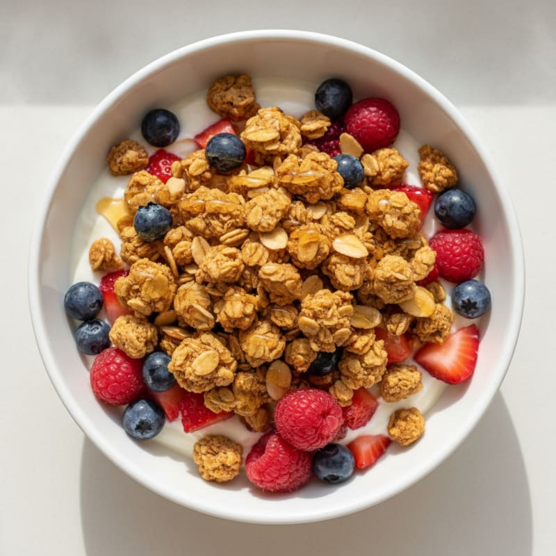 Greek Yogurt Parfait with Crunchy Almond Granola and Mixed Berries