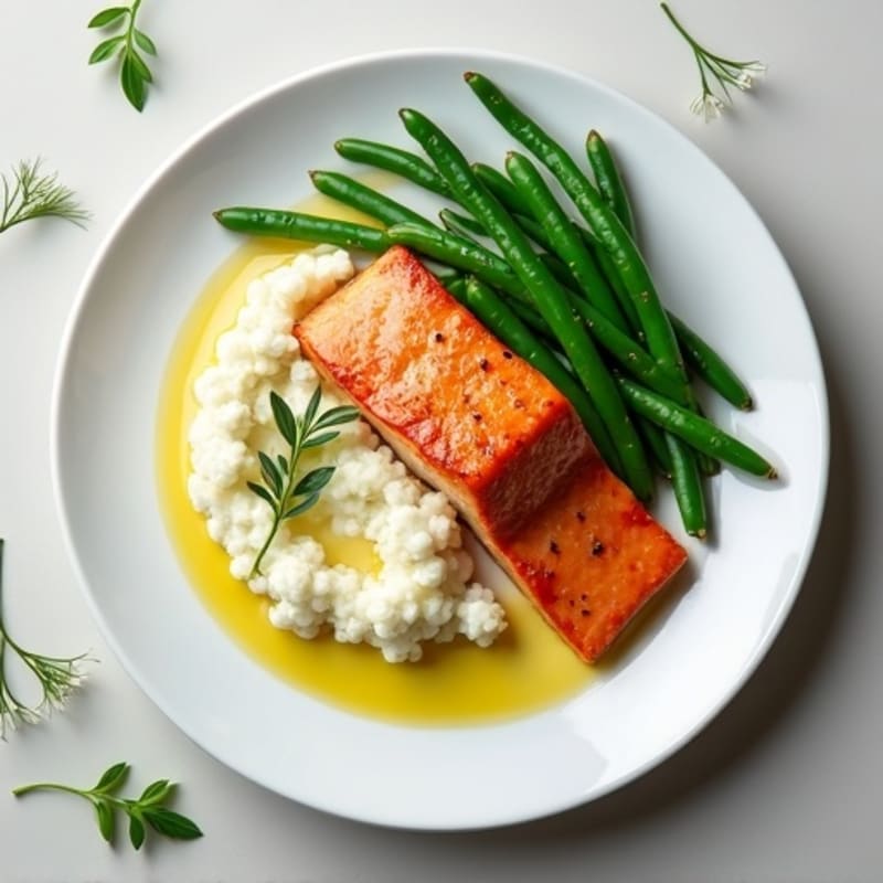 Seared Salmon with Garlic Green Beans and Cauliflower Mash