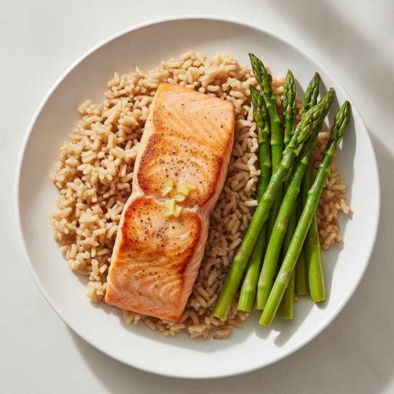 Seared Salmon Fillet with Steamed Asparagus and Brown Rice
