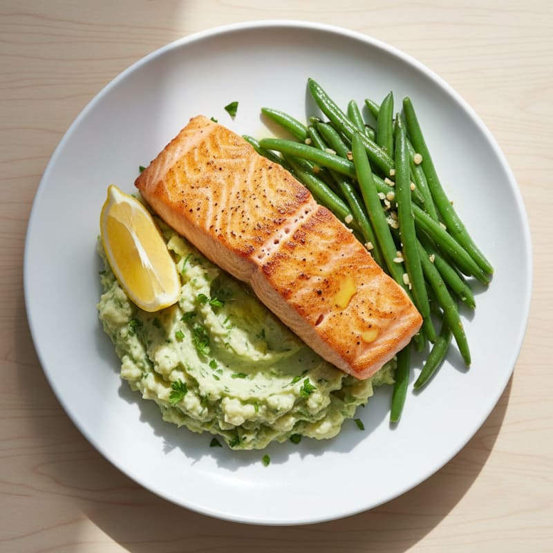 Seared Salmon Fillet with Herb-Cauliflower Mash and Sautéed Green Beans