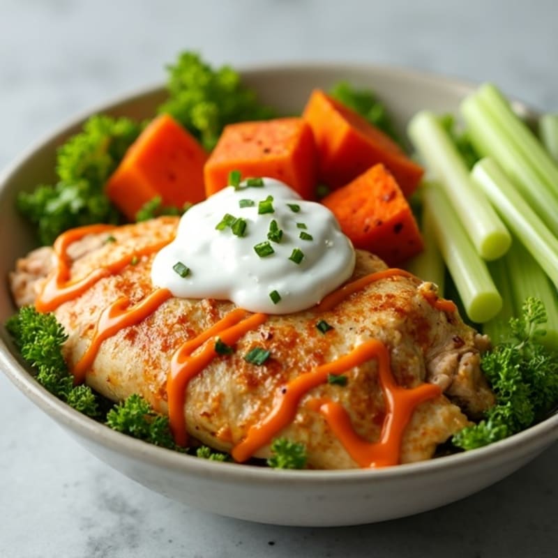 Creamy Buffalo Chicken Bowl with Roasted Sweet Potatoes and Celery