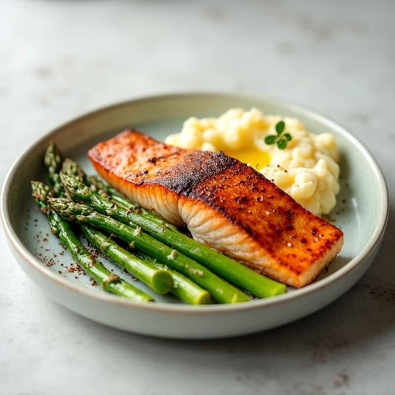 Seared Salmon with Steamed Asparagus and Mashed Cauliflower